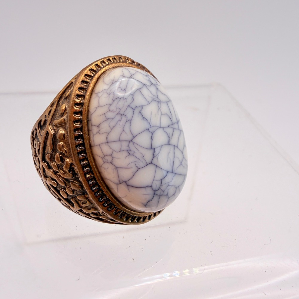 Boho Statement Ring White Blue Veined Cabochon Filigree Gold Tone